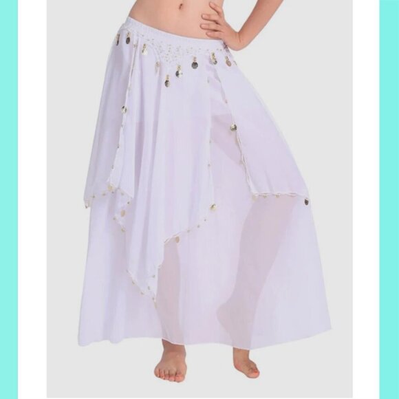 Women\'s White Imported Chiffon Belly Dance Costume Indian Dance Skirt with Coins main image 7